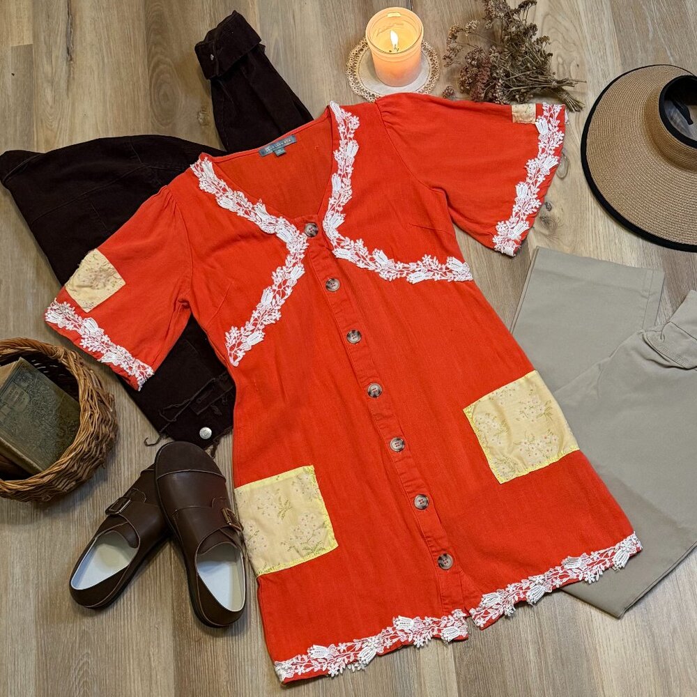 Upcycled Button-Front Tunic, Vintage Cottagecore Top with Lace & Floral Pockets
